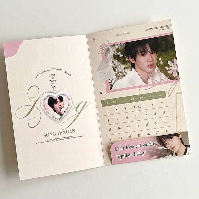 [Main image 2] Open view showing the inner calendar page of the birthday greeting card. Display the full calendar layout and inner photo design. Keep the original pink beige green color scheme and celebrity photo layout consistent with original image. Clean off-white background, 1:1 square. Soft natural light to show the inner printing quality. All text must be converted to English, no Chinese characters. 2K resolution. Negative: Chinese characters, deformation, blurry, wrong layout, messy background.