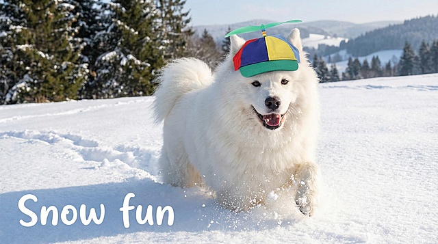 以图中的狗狗螺旋桨帽为元素,狗狗戴着螺旋桨帽,设计6张跟狗狗螺旋桨帽有关的图,物体主体特征不变,英语,比例 「16:9」「图片1」