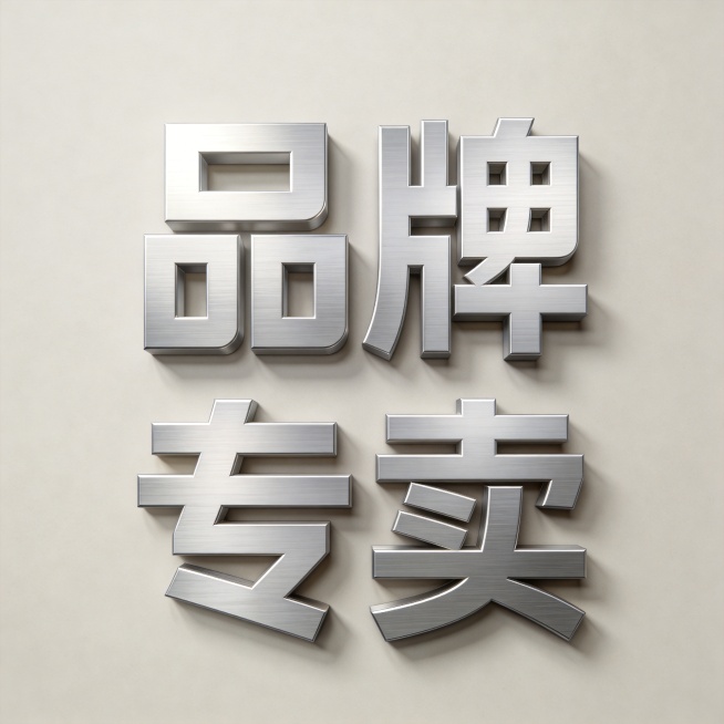 干净的浅米灰色背景。3D艺术字体设计，分为上下两行排列，上面是"品牌"两个字，下面是"专卖"两个字，整体居中对齐。采用几何切割厚重无衬线字体，笔画方正沉稳有力，字体边缘锐利利落，做轻微圆角处理，整体结预览效果