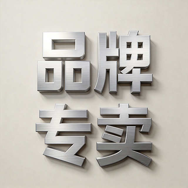 干净的浅米灰色背景。3D艺术字体设计，分为上下两行排列，上面是"品牌"两个字，下面是"专卖"两个字，整体居中对齐。采用几何切割厚重无衬线字体，笔画方正沉稳有力，字体边缘锐利利落，做轻微圆角处理，整体结构均衡稳重。主体高级珍珠银色，表面细腻拉丝金属质感，带有柔和自然的光影渐变和轻微阴影，呈现低调奢华的高级感，彰显权威品质。仅包含四个字：“品牌”、“专卖”，不得增加、遗漏或替换任何一个字。无额外装饰。比例1:1