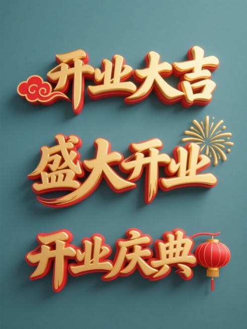 纯色背景上，三个不同造型的新店开业元素内容系列素材集合规整排布，每个元素均保持金色立体书法字体风格，带有红色描边和高光效果，第一个元素为“开业大吉”金色立体书法字配红色祥云图案，第二个元素为“盛大开业”金色立体书法字配金色礼花图案，第三个元素为“开业庆典”金色立体书法字配红色灯笼图案，整体风格统一，喜庆大气，视觉层次分明，信息传达清晰。预览效果