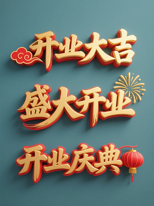纯色背景上，三个不同造型的新店开业元素内容系列素材集合规整排布，每个元素均保持金色立体书法字体风格，带有红色描边和高光效果，第一个元素为“开业大吉”金色立体书法字配红色祥云图案，第二个元素为“盛大开业”金色立体书法字配金色礼花图案，第三个元素为“开业庆典”金色立体书法字配红色灯笼图案，整体风格统一，喜庆大气，视觉层次分明，信息传达清晰。