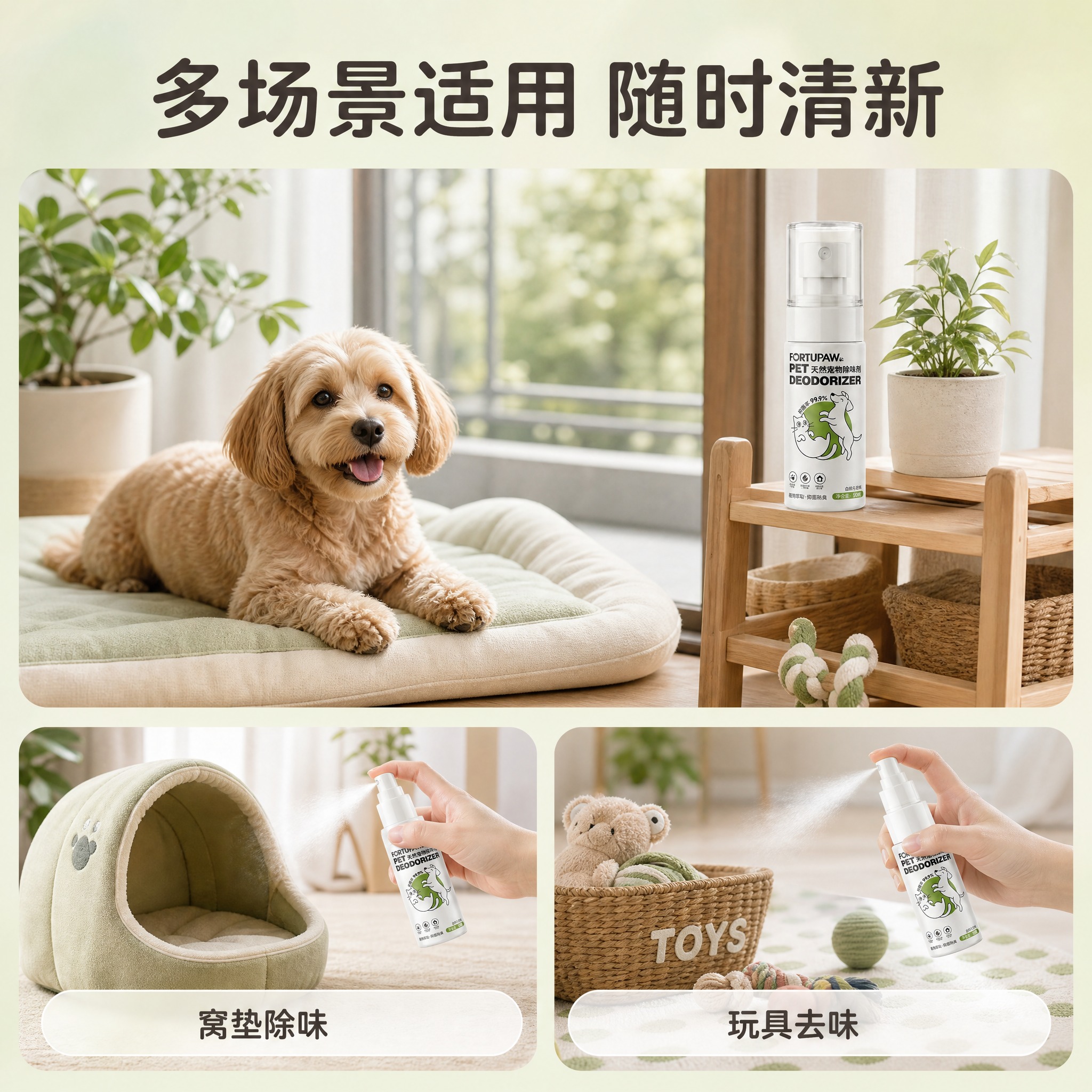 [主图-4 白桃乌龙味] 使用场景展示：居家宠物环境除味，多场… - 图片创意预览