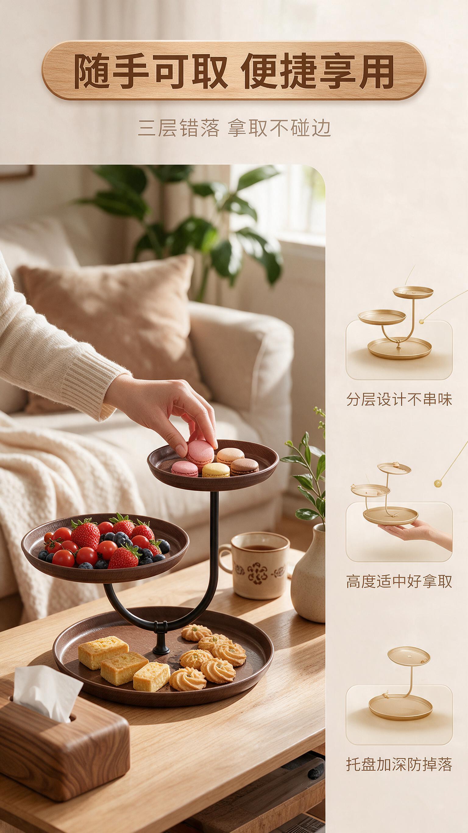 [商品] 使用【图1】家用三层仿木纹点心水果盘；保留三层圆形托… - 图片创意预览