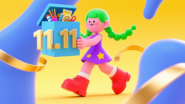 可爱的小女孩拿着一个礼盒。礼盒细节：里面是各种零食文具，礼盒上上印着”11.11“。金色丝带在周围环绕贯穿画面，黄色背景