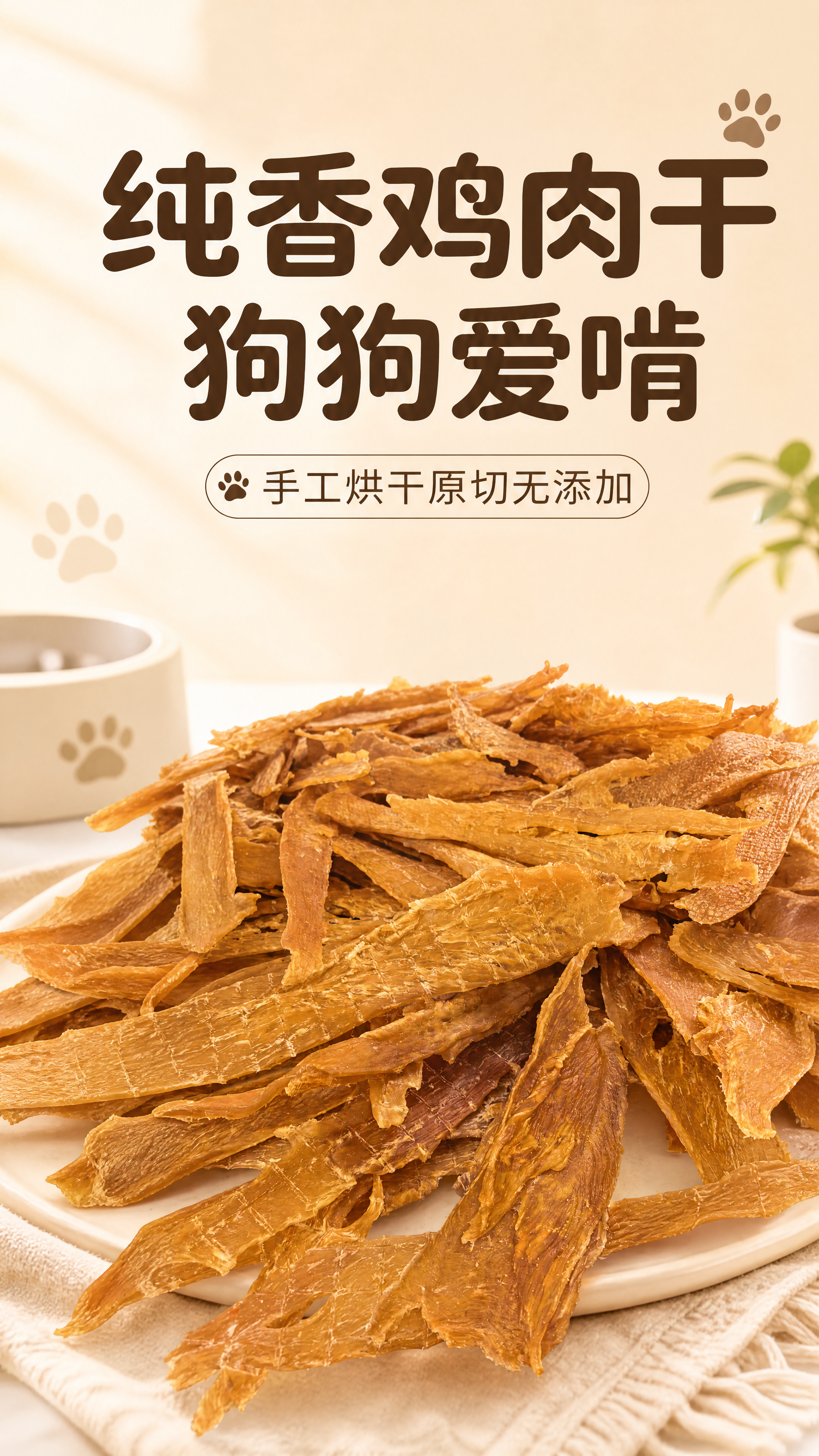 [第1屏] 宠物零食鸡肉干详情头图，自然清新温馨风格，浅米色背… - 图片创意预览
