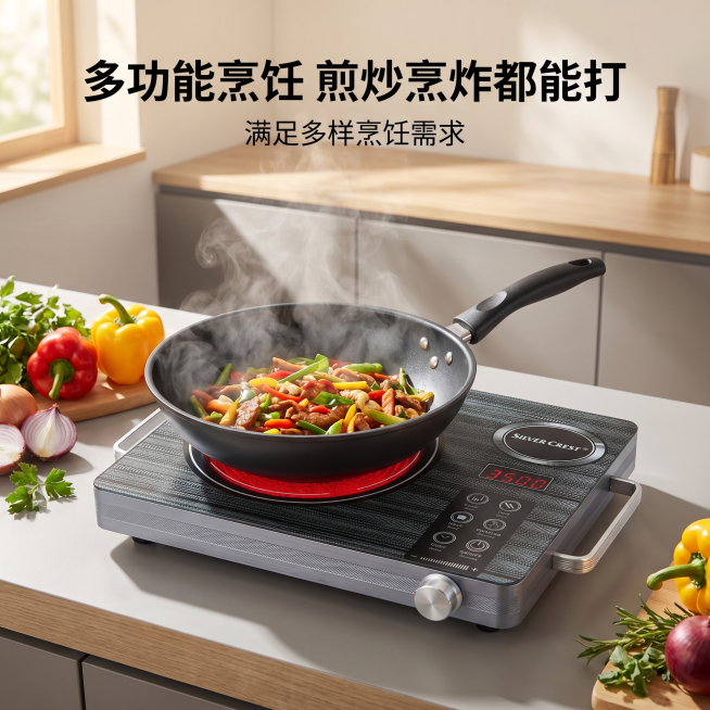 [主图 3] 电陶炉多功能烹饪场景展示。[氛围风格] 生活化厨房场景，实用美观，现代简约；[画质] 商业摄影质感，真实自然，产品清晰。[元素] 电陶炉放置在现代厨房台面上，炉面上放置一口不粘炒锅正在炒预览效果