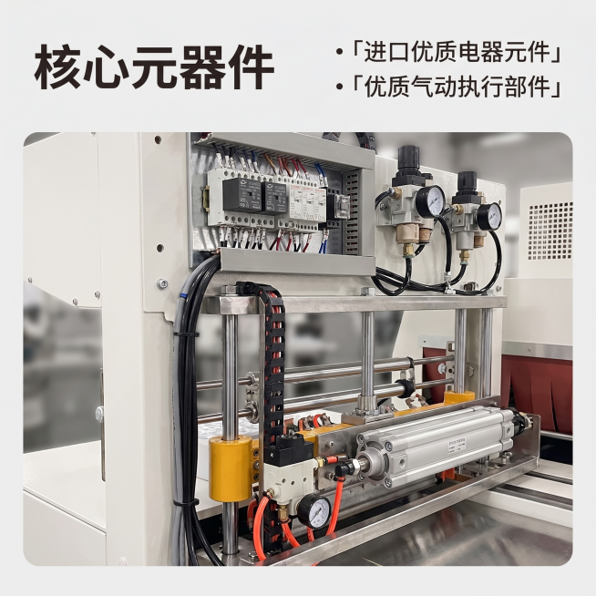 [主图 3] 半自动筒包机核心元器件细节特写
[氛围风格] 专业硬核工业风，突出工艺品质
[画质] 商业摄影质感、光线柔和通透、产品清晰真实、画面干净高级
[元素] 放大特写半自动筒包机的核心控制与气预览效果