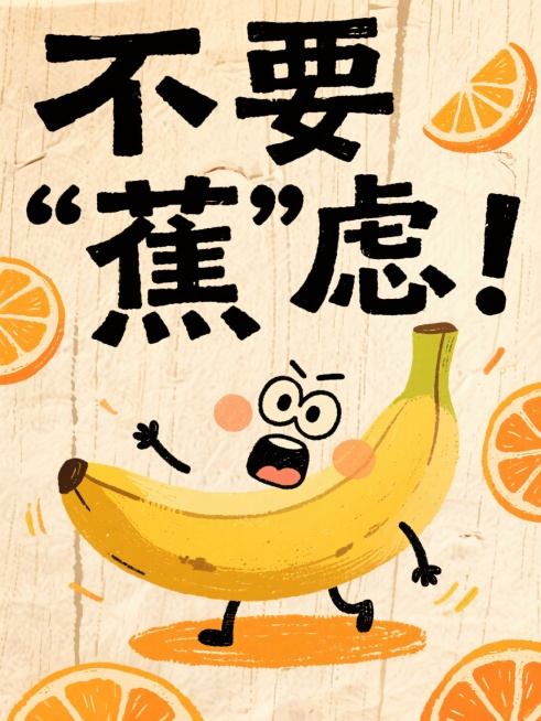 手绘卡通海报，表情夸张的卡通香蕉角色，版画般粗糙肌理，创意中文谐音标题“不要“蕉”虑！”粗黑美术字，暖黄橙色调，背景手绘原木纸，零散小橙子切片装饰，风格原生。预览效果