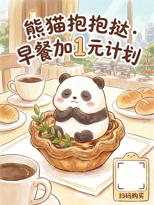 把背景改成酒店的环境，熊猫手上的蛋挞不要预览效果