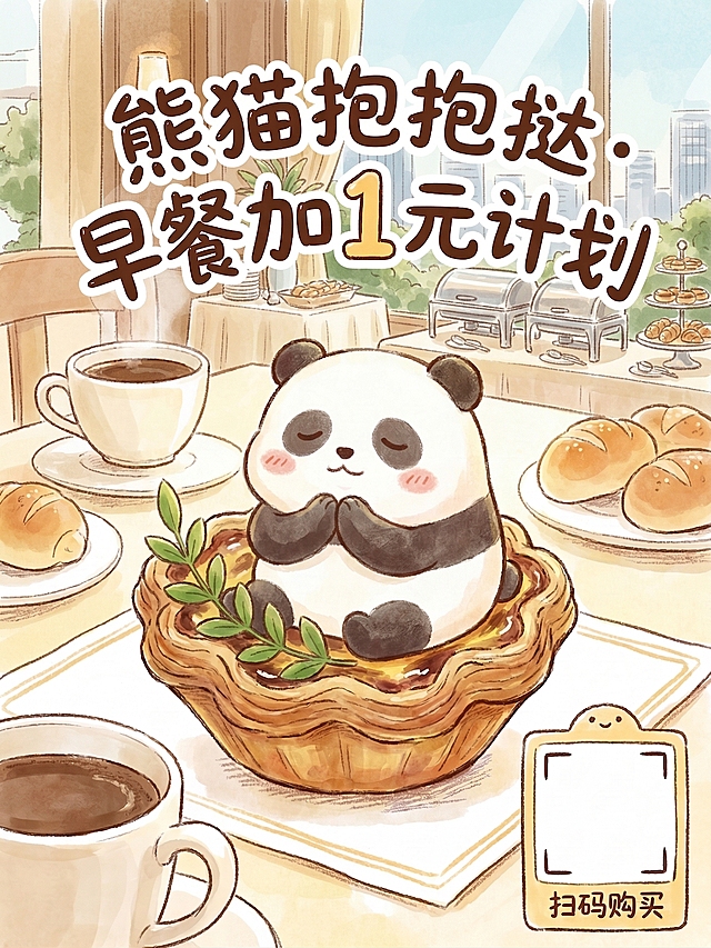 把背景改成酒店的环境，熊猫手上的蛋挞不要