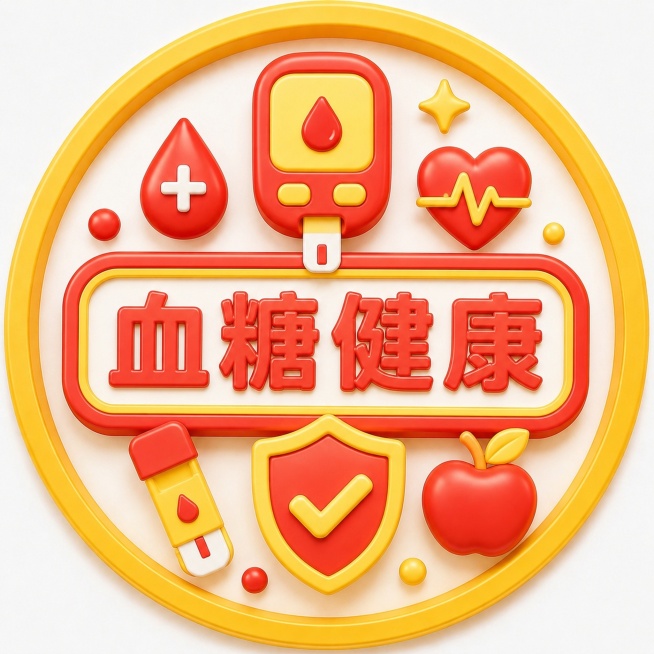生成一个图标，沿用参考图片的红黄配色和3D膨胀风格，圆形黄色外框，红色描边文字，内部搭配红色和黄色的血糖相关元素，中心文字是"血糖健康"，整体风格和参考图保持一致，3D立体，颜色为红色和黄色搭配预览效果