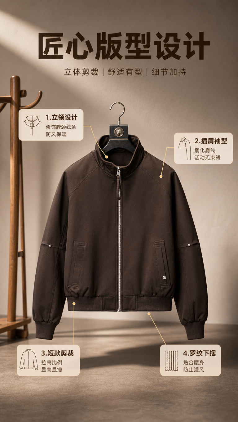 [商品] 使用【图1】深棕色立领拉链夹克；商品处理：保留立领、… - 图片创意预览