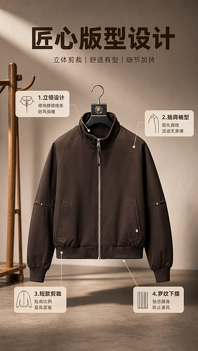[商品] 使用【图1】深棕色立领拉链夹克；商品处理：保留立领、金属长拉链、插肩袖、双侧插袋、罗纹收腰与袖口、铆钉装饰细节、深棕颜色和挺括面料；自然去除衣身杂乱褶皱，理顺垂坠，增强面料纹理、缝线、拉链和五金高光质感，不改变版型和结构。
[画面] 页面目标：版型设计解析，展示立领、插肩袖、短款剪裁等设计亮点。构图：夹克正面全貌居中（占画面55%），从关键部位引出引线标注设计特点，左右分布。景别：全景展示整体版型。前中后景：中景夹克挂立展示，背景暖灰色渐变墙面+地面投影，左侧木质衣架点缀。阅读动线：从中心产品向四周引线阅读。
[视觉] 套系策略：风格=都市轻复古商业摄影风，暖棕调高级质感；标题字=现代无衬线粗体，字重Bold；正文字=简洁无衬线体，字重Regular；主色=深棕/焦糖棕；背景延展=基于暖棕调做深浅层级、同色渐变和细腻纸张/织物质感；强调色=奶白色+古铜金，仅用于小面积图标、引线、标签和局部高光；标题色=深炭棕；正文色=中暖棕；组件=圆角浅棕信息卡、细古铜色引线、奶白标签；光影=左前侧暖柔光，柔和自然阴影。
[文字] 顶部主标题「匠心版型设计」。引线标注4处：1.立领设计—修饰脖颈线条 防风保暖 2.插肩袖型—弱化肩线 活动无束缚 3.短款剪裁—拉高比例 显高显瘦 4.罗纹下摆—贴合腰身 防止灌风。文字横排，标签式布局。
[规格] 图片比例9:16竖版，4K分辨率，负向提示：避免变形、错字、文字过小、冷蓝/蓝灰背景、衣服颜色改变、版型失真、白底孤立、极限词、平台Logo。
