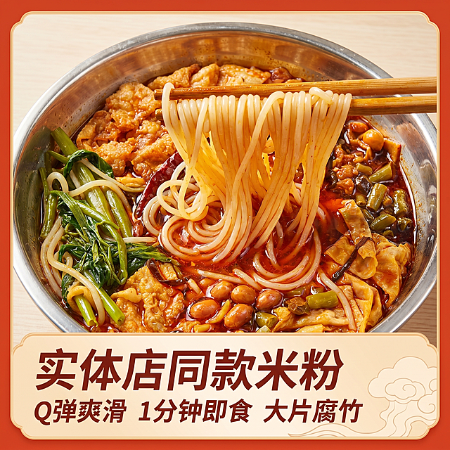 [主图 1] 螺嘴恋冰鲜螺蛳粉电商主首图，套用参考模板风格。
[氛围风格] 浓郁食欲感电商美食风格，和参考图一样的红橙边框设计；
[画质] 商业摄影质感、光线柔和通透、产品清晰真实、画面干净高级。
[元素] 不锈钢大碗盛满红汤螺蛳粉，筷子夹起Q弹米粉悬在碗上方，油亮红汤挂在粉上；酸豆角、炸腐竹、空心青菜配料丰富完整，铺满碗底，红油鲜亮诱人，保留产品包装的品牌特征和内容物细节。商品主体占比严格控制在 70% 左右，整体布局和参考模板保持一致，底部预留文字区域。保持米粉和配料外观（物理结构、材质质感、颜色）与输入产品图绝对一致，杜绝任何变形和色差，精细化处理。画面满屏布局。
[光影] 自然暖调侧逆光打透米粉和红汤，红油形成透亮高光，青菜和腐竹呈现清晰纹理，阴影柔和不生硬，整体通透浓郁凸显食欲。
[配色] 主色调红棕暖色系，红亮汤汁+原木浅棕背景+青菜翠绿点缀，整体色彩和参考模板保持一致，橙色边框+浅米色文字块。
[视角构图] 俯视中心构图，完整展示整碗米粉，景深适中，主体突出。
[文字版式] 底部浅色云纹文字块，第一行大字写“实体店同款米粉”，红棕色粗体；第二行小字写“Q弹爽滑 1分钟即食 大片腐竹”，红棕色常规字体，文字排版位置和参考模板保持一致，清晰易读不遮挡主体。
[比例分辨率] 1:1 比例，2k 分辨率；文字清晰锐利，画面超高清。
[负向提示词] 变形，水印，文字错乱，产品图模糊，背景杂乱，配色刺眼，遮挡主体