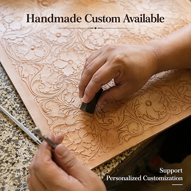 [Main Image 8] Handmade production process diagram, showing the leather carving process. [Atmosphere Style] Traditional craft display, highlights the handmade value. [Quality Requirements] Clear craft display, real photography texture. [Elements] The picture shows craftsman's hands carefully carving leather material with professional tools, the leather material is placed on the workbench, the floral carving pattern in progress is clearly visible, consistent with the pattern style on the finished handbag. The picture truly restores the hand-made carving process in the input reference picture. [Lighting] Natural indoor light, soft, the carving details are clearly visible. [Color Matching] Natural raw leather color, main color is warm wood tone, real and natural. [Perspective Composition] Close-up of the work area, the hands and carved leather are centered, focus clear. [Text Layout] Top center text "Handmade Custom Available", bottom right "Support Personalized Customization", text is clear, does not block the core operation area. [Proportional Resolution] 1:1 ratio, 2048px * 2048px resolution, 2K ultra high definition. [Negative Prompt] Unclear focus, distorted pattern, messy picture, extra decorations