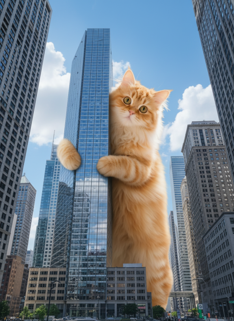 在现代化高楼林立的城市里，主体一只巨大的橘猫抱着一栋大厦，橘猫的身体与大厦一样大，巨物感，超现实主义，蓝天白云预览效果