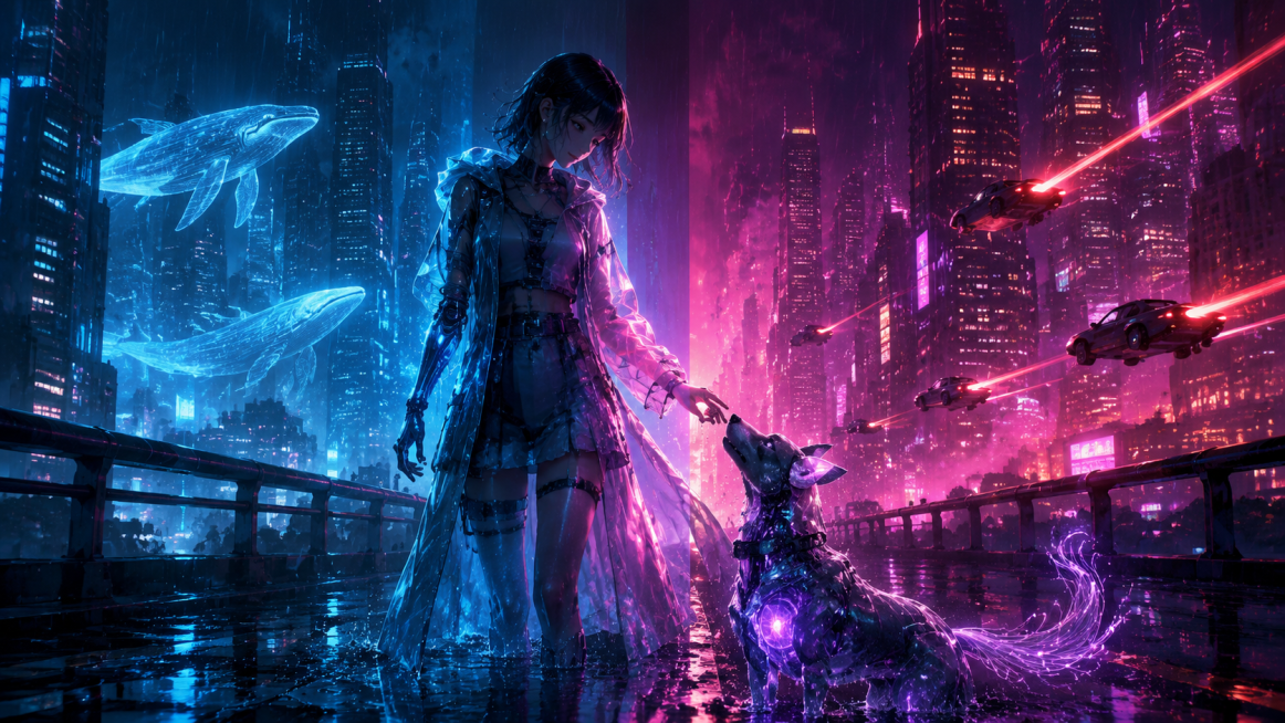 杰作，最高画质，全景赛博朋克雨夜，冷暖光像被刀切开：左边世界是深蓝与冰青的冷调霓虹，高楼上全息鲸鱼是蓝色的；右边世界是品红与橙紫的暖调霓虹，飞行汽车尾灯拉出红色光线。AI少女站在天桥中央，她也随光分裂预览效果