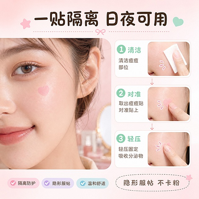 [主图-4] 使用场景与步骤说明，展示痘痘贴的正确使用方法和效果。
[统一基调] 清新马卡龙色系，主色薄荷绿+樱花粉，辅助色淡紫淡蓝，字体为圆润可爱非衬线体，标题字深棕色，辅助字灰棕色，整体风格甜美治愈又专业。
[画面] 画面左侧是一位年轻女生的脸部局部特写（脸颊部位），皮肤上贴着一片粉色爱心形状的痘痘贴，自然贴合肤色，展示上脸效果。右侧分三步小图展示使用步骤：①清洁痘痘部位 ②取出痘痘贴对准贴上 ③轻压固定吸收。背景为柔和的粉色渐变，有梳妆台/镜子的虚化背景元素，营造居家护肤场景。
[光影质感] 自然光窗边质感，皮肤真实细腻，痘痘贴贴合自然无翘边，整体温暖柔和。
[配色] 粉白渐变背景，肤色自然，粉色痘痘贴，绿色步骤图标，深棕色文字。
[文字版式] 顶部主标题"一贴隔离 日夜可用"，右侧三步分别标注"清洁""对准""轻压"，底部小字"隐形服帖 不卡粉"。文字清晰不遮挡脸部。
[输出要求] 1:1正方形，2048x2048，人物皮肤自然，痘痘贴贴合真实，步骤清晰，文字可读，无水印无平台logo，人物面部正常无畸形。