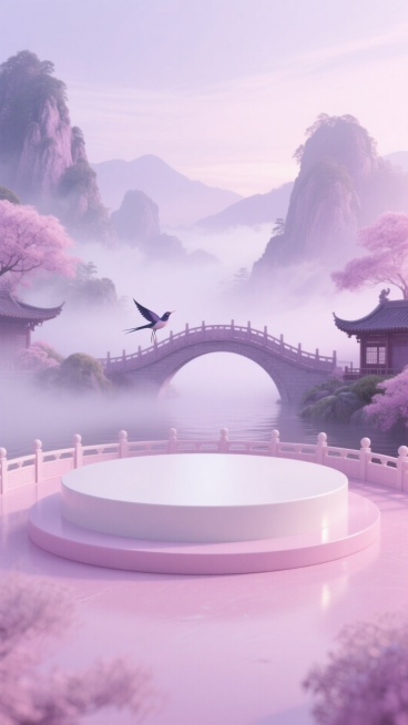 画面主体是粉白色圆形展台，展台外围有一圈围栏，背景是一些弥漫雾气的山水，山水中间有鹊桥，粉紫柔和色调。预览效果