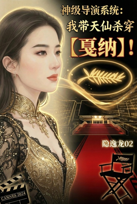 将左侧女主改为现代高定礼服造型，保留脸部；顶部第一行「神级导演系统：」使用黑金配色，字体稍小；中部第二行「我带天仙杀穿」加大加粗；中下部第三行「【戛纳】！」使用最大字号，金棕榈色，方括号+感叹号强化冲预览效果