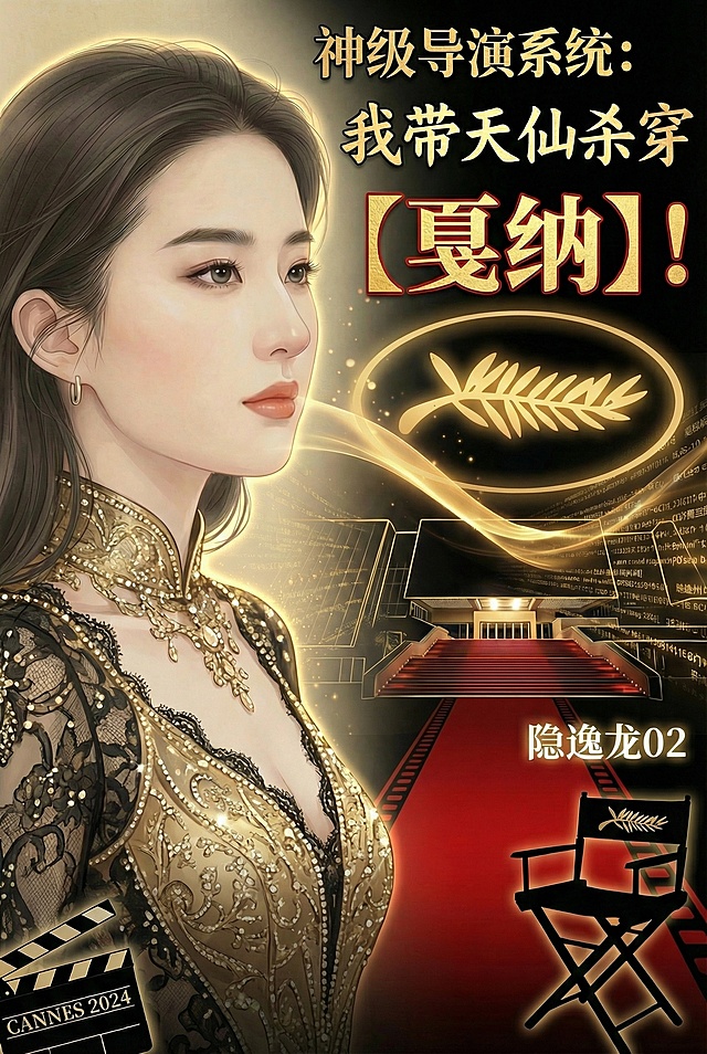 将左侧女主改为现代高定礼服造型，保留脸部；顶部第一行「神级导演系统：」使用黑金配色，字体稍小；中部第二行「我带天仙杀穿」加大加粗；中下部第三行「【戛纳】！」使用最大字号，金棕榈色，方括号+感叹号强化冲击；右下角放置简洁的笔名「隐逸龙02」；将金棕榈标志放大至原图1.5倍，置于「【戛纳】！」后方；红毯阶梯延伸至画面底部；导演椅保留在右下角，椅背添加金棕榈标志；左下角场记板写「CANNES 2024」；背景添加淡金色数据流，女主添加轮廓光，金棕榈添加发光效果，整体采用黑底金字配色，点缀金棕榈金、红毯红
