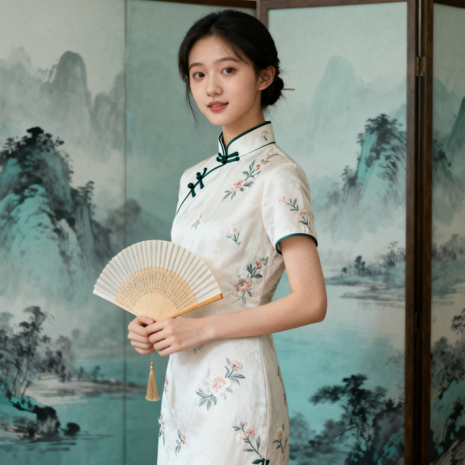 这是一款旗袍，帮我生成1张人物模特图片，新中式风格，要求与图片上模特脸、背景不同，模特年龄大约18-25岁之间预览效果