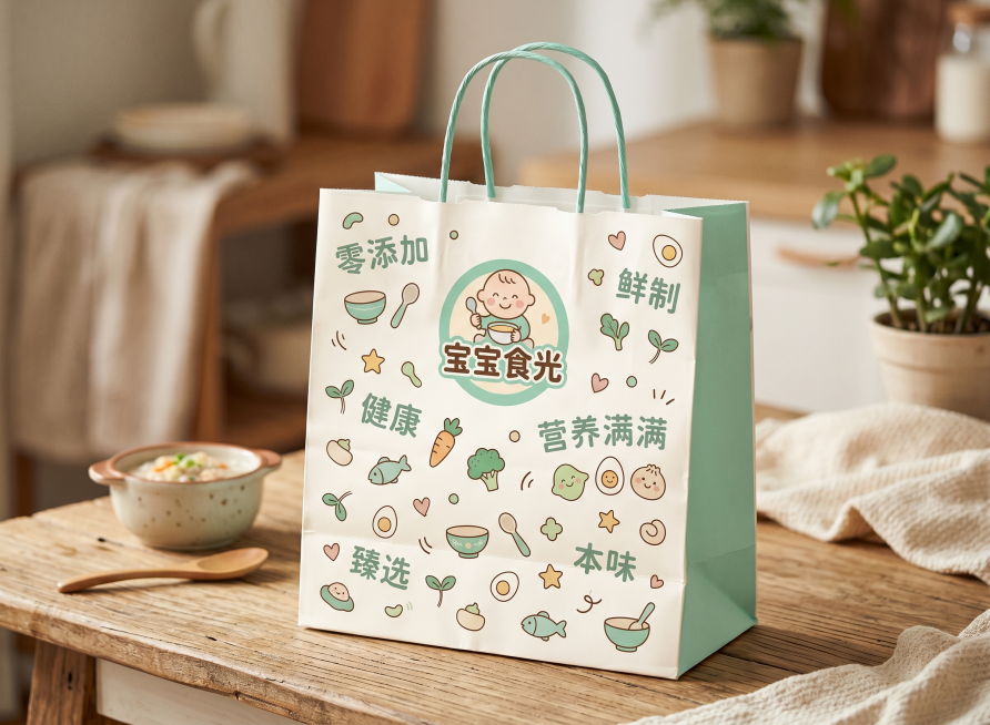 宝宝食光外卖包装袋设计，色调奶白色薄荷绿，放置品牌LOGO，添加可爱辅食装饰图案，将文字"零添加""健康""营养满满""本味""鲜制""臻选"零散分布在袋子空白处，不集中摆放，整体风格温馨可爱。预览效果
