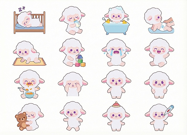 生成16个一套的婴儿生活类表情包