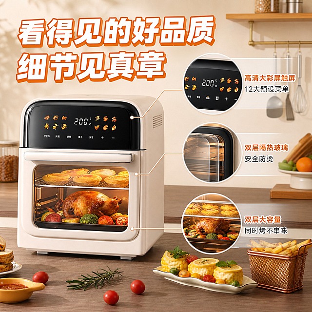 [主图-3] 主题：产品结构细节证据，展示双层大容量、可视化窗口、彩屏触屏、双层隔热玻璃等核心结构。
[统一基调] 抖音风格，场景化强视觉冲击，暖色调厨房场景，主标题白色粗体大字带橙色描边，辅助字白色，强调色橙色，字体为现代无衬线粗体，圆角卡片样式，整体高清实拍商业摄影质感。
[画面] 产品正面偏左放置，占比约55%，可视化窗口内清晰可见双层烤架结构，上层放蛋挞下层放整鸡，展示大容量。画面右侧有3个圆形放大细节框，用引线指向产品对应部位：上方放大框指向彩屏触屏，展示高清大彩屏和12个菜单图标细节；中间放大框指向可视化窗口玻璃边缘，展示双层隔热玻璃结构；下方放大框指向腔体内部，展示双层烤架和大容量空间。
[光影质感] 商业摄影质感，正面柔光，产品细节清晰，玻璃有通透感，内部食物有诱人光泽，放大框有白色描边。
[配色] 背景浅米色，产品米白+黑色，放大框白色描边+半透明底，文字深灰色+橙色强调，整体干净专业。
[文字版式] 顶部大标题"看得见的好品质 细节见真章"；3个放大框旁分别标注文字："高清大彩屏触屏 12大预设菜单""双层隔热玻璃 安全防烫""双层大容量 同时烤不串味"；文字用短词组，字号适中，不遮挡产品主体。
[输出要求] 比例1:1，文字清晰可读，产品清晰不变形，无错字，无水印，无平台Logo。