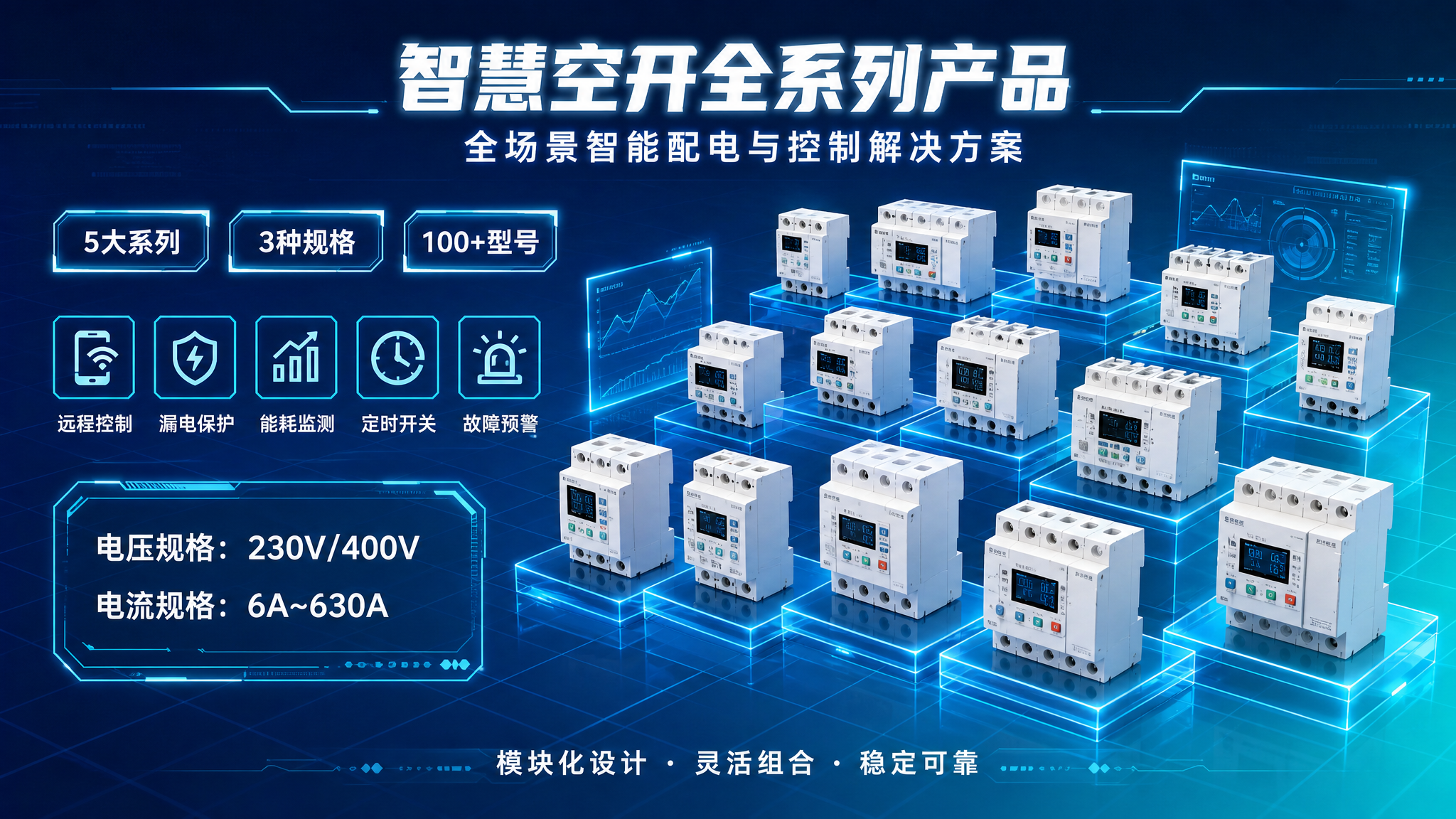 参考图的版式骨架、科技感氛围和蓝青渐变配色，生成一张智慧空开全… - 图片创意预览