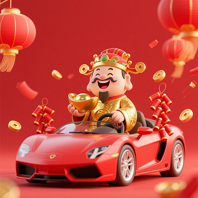 3D卡通财神驾豪车，金元宝与鞭炮环绕，喜庆中式风格。