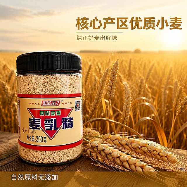 [主图-2] 峰彩原味麦香麦乳精核心产地原料展示主图。氛围风格为自然真实麦田产地溯源风格。画质要求商业摄影质感、光线柔和通透、产品清晰真实、画面干净高级。元素包含峰彩原味麦香麦乳精玻璃罐放置在前景左下角，背景是一望无际的成熟金黄色麦田，阳光穿过麦浪，自然氛围浓厚。产品罐身清晰展示，旁边摆放几支饱满麦穗原料。保持产品外观、物理结构、材质质感、颜色与输入产品图绝对一致，杜绝任何变形和色差，精细化处理。商品主体占比严格控制在60%-80%之间。光影为自然日光逆光，麦浪呈现通透金黄色，产品表面受光均匀，阴影柔和自然。配色主色调金黄麦浪，暖棕色背景，产品标签米黄底色呼应自然氛围。视角构图为略微俯视角度，前景产品突出，背景麦田延伸，景深自然。文字版式为右上负空间左对齐，大字"核心产区优质小麦"，深金色粗体；辅助文案"纯正好麦出好味" 浅金色小号字，画面底部半透明渐变条 "自然原料无添加"，米白色字左对齐。负向提示词为变形，文字错乱，产品图模糊，背景杂乱，水印，电商平台Logo，绝对化违禁词