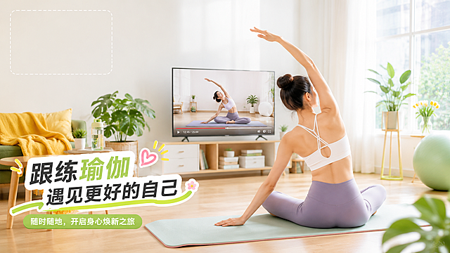 Keep app信息流推广素材图，女生在家跟着视频做瑜伽，颜色清新活泼，左上角留出放logo的位置，16:9