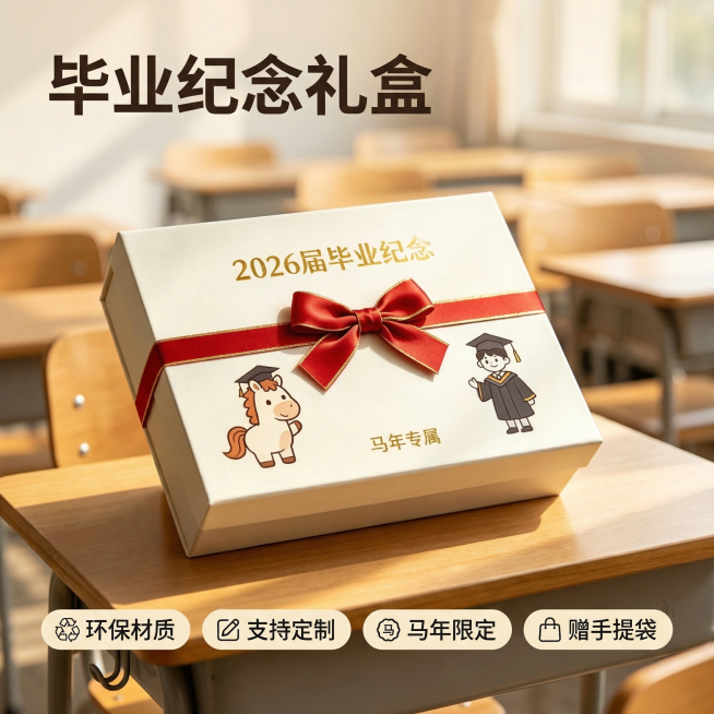 [主图 1] 毕业纪念礼盒主图，吸睛场景展示
[氛围风格] 校园治愈风，温馨阳光感
[画面元素] 商业摄影质感、光线柔和通透、产品清晰真实、画面干净高级。毕业纪念礼盒居中放大放置，礼盒保留原图设计：奶预览效果