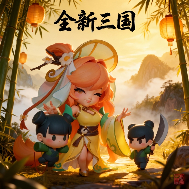 保持原图画面内容、角色造型、背景（竹林、灯笼、山景）与光影风格不变，仅将顶部大字文案由‘国风江湖’改为‘全新三国’，字体风格仍为毛笔书法体，位置居中偏上，保留右下角红色印章预览效果