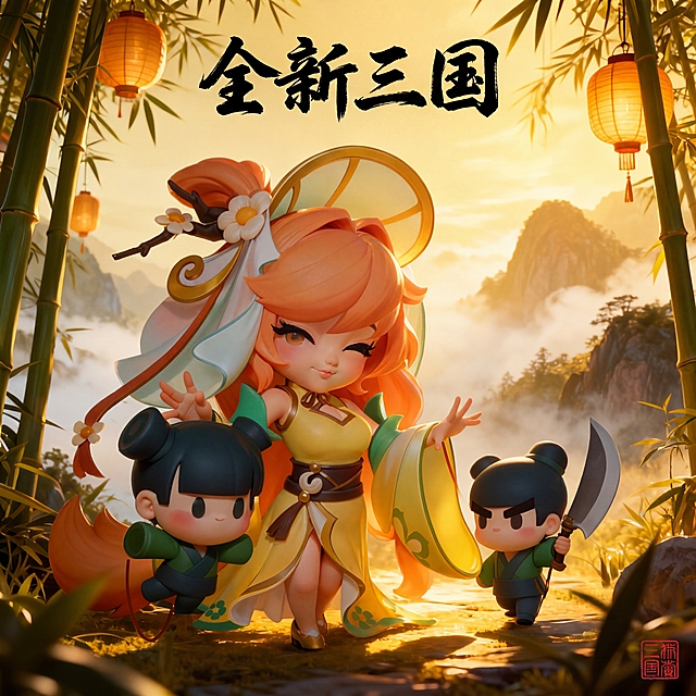 保持原图画面内容、角色造型、背景（竹林、灯笼、山景）与光影风格不变，仅将顶部大字文案由‘国风江湖’改为‘全新三国’，字体风格仍为毛笔书法体，位置居中偏上，保留右下角红色印章
