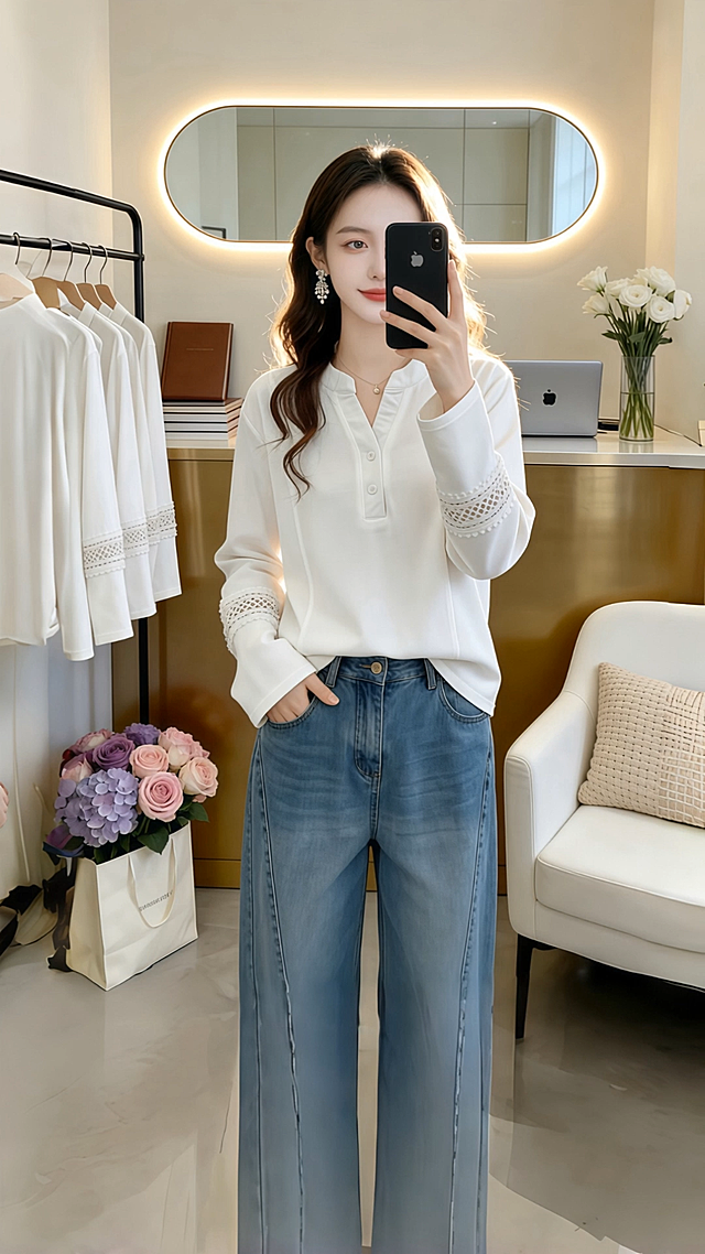 Model holds a phone in her left hand, poses directly at the camera with a soft, elegant smile, then right hand gently brushes the collar and shoulder of her top, step forward one step, right hand rests on waist, gently stretches the fabric to show elasticity, body turns left and right to display clothing details from both sides, final pose: keep phone in left hand, right hand makes a clear peace sign, smile remains elegant and confident, all movements are natural, fluid, and exude a sophisticated, high-end aesthetic