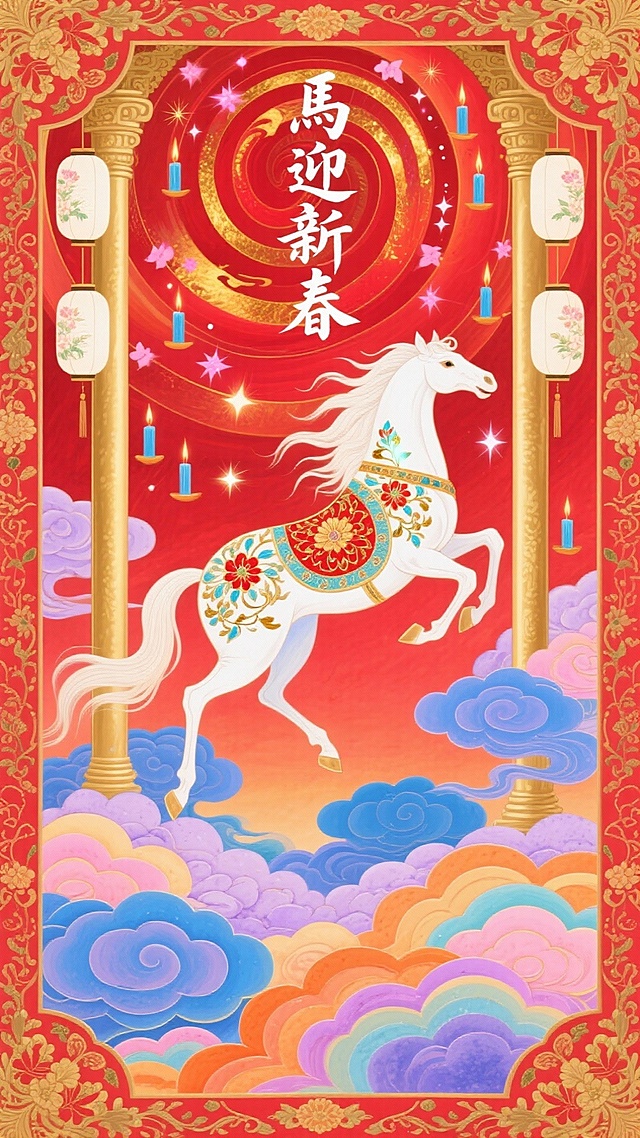 新中式工笔重彩马年春节主题插画，奢华岩彩肌理，高饱和红金为主色调，搭配浅蓝、浅紫、浅橙渐变祥云纹理，呈现浓郁喜庆华贵的视觉调性。
纵向竖幅构图，平视视角，主体是一匹占画面60%比例的白色骏马，呈前蹄扬起的昂首奔腾姿态，朝向画面左侧，马身装饰红、金、浅蓝、粉四色掐丝珐琅风格缠枝花卉纹样，鬃尾为飘逸米白色丝缕质感。
骏马悬浮于大量层叠的七彩祥云之上（画面下半部分），大量祥云从底部蓝浅紫紫渐变过渡到上部橙红渐变，与上部分背景红色涡旋纹理自然衔接。背景顶部中央是“馬迎新春”红金渐变毛笔书法字体，笔触带飞白效果；画面左右两侧对称分布四根金色立柱，立柱外侧是红金缠枝花纹样的装饰边框，立柱上悬挂四盏米白底带花卉纹样的宫灯，左侧两盏（一大一小）、右侧两盏（一大一小）；上半部分背景红色涡旋纹理中点缀细碎金粉、星光粒子与四盏蓝色光点状烛火，整体营造出马年新春的喜庆祥瑞氛围，所有元素通过色彩呼应与层次叠加形成统一的视觉叙事，骏马作为核心视觉焦点被祥云与宫灯紧密烘托，