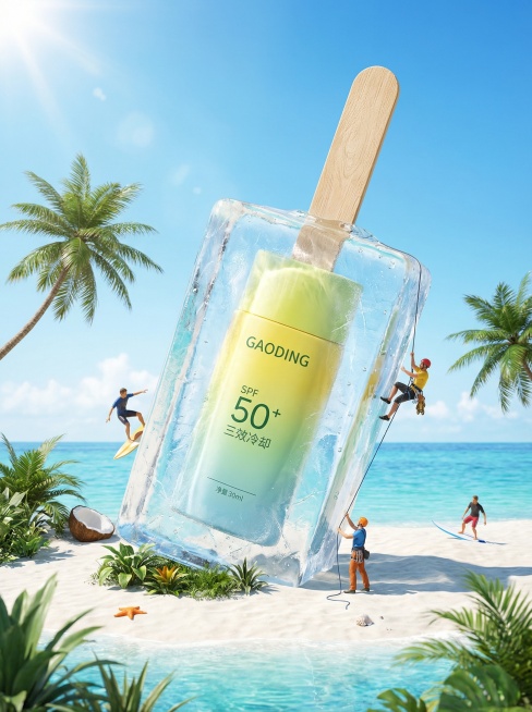 高端创意防晒产品广告海报，主体为GAODING牌巨型冰块包裹式防晒棒，外观呈透明冰棍状，带有木质雪糕手柄，内部包裹黄绿色透明渐变防晒霜瓶体，印GAODING品牌LOGO、"SPF 50+"、"三效冷却预览效果