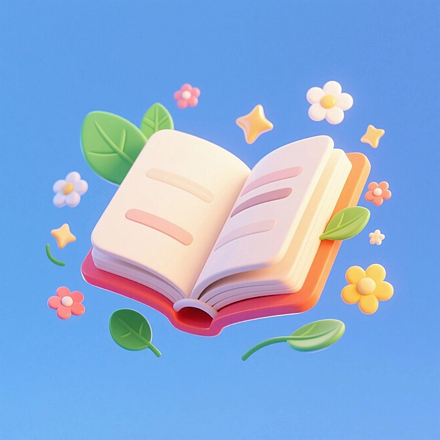 一本打开的书，漂浮着绿叶、小花、星星相关的装饰元素，撞色，蓝色背景