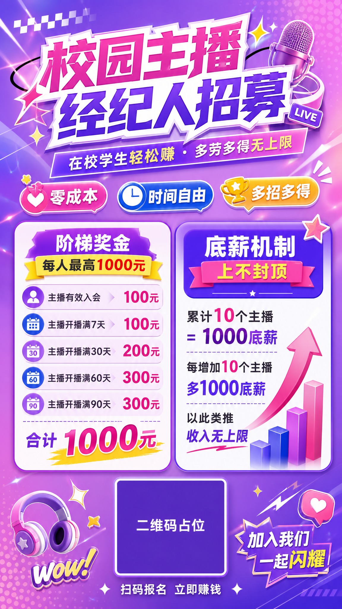 一张校园主播经纪人招募海报，年轻潮流校园风格，活泼有吸引力，符… - 图片创意预览