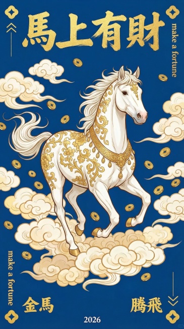 参考这个做五个一样的马和祥云  马的花纹和动作都要不一样  背景颜色也要五个不同的颜色预览效果