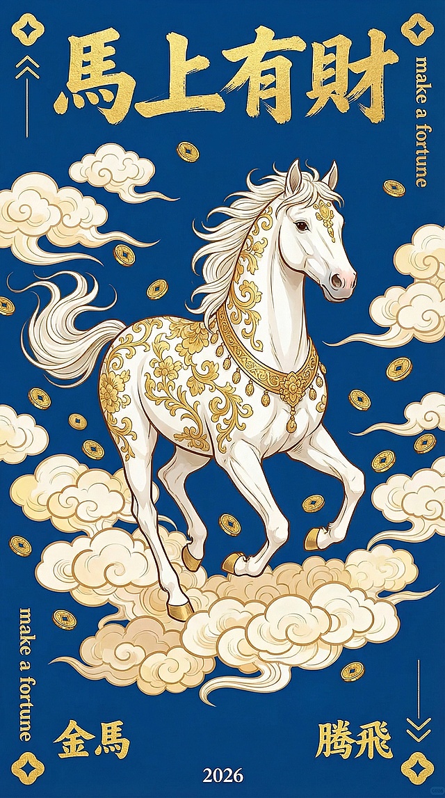 参考这个做五个一样的马和祥云  马的花纹和动作都要不一样  背景颜色也要五个不同的颜色