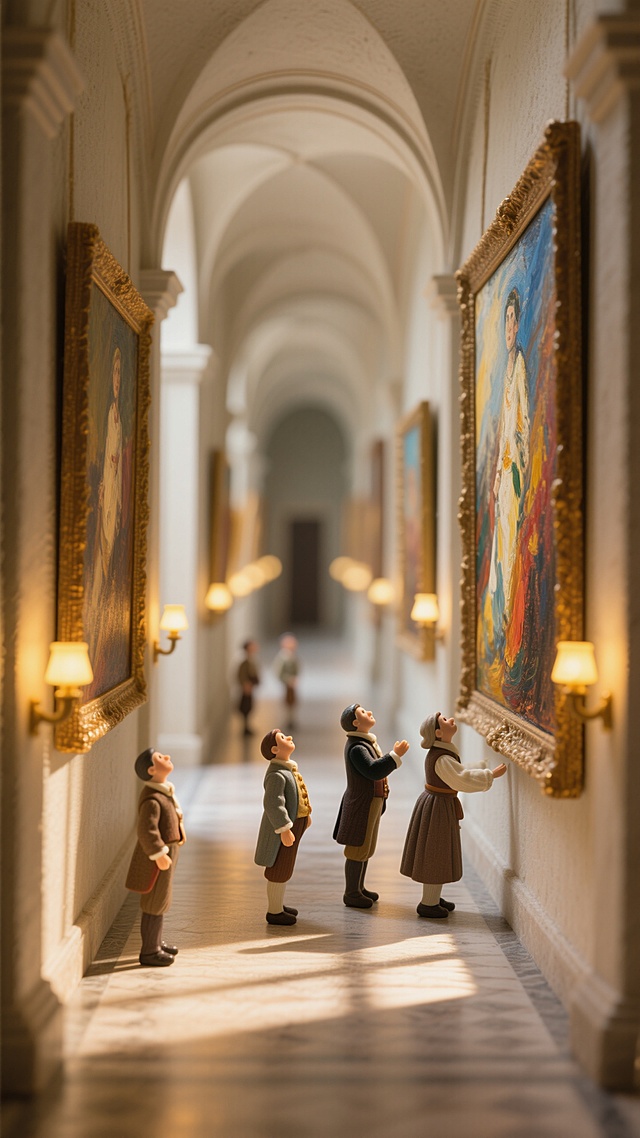 意大利风情，长长的画廊，巨大的画作，画廊里有几个分散的小人在仰望