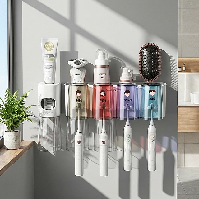 A commercial product scene photo for cross-border e-commerce. The subject is the wall-mounted toothbrush holder in the picture, keep the original product appearance unchanged, keep all printed text and logo on the product unchanged, keep the physical structure and proportion of all components unchanged, force to retain the complete set of components including the main rack, four gradient cups, toothpaste dispenser storage position. The product is installed on a clean light gray bathroom wall, close to the window, showing the real use scene. The style is modern Nordic natural, soft natural sunlight from the side window comes in, forming clear window frame projections on the wall, high contrast light and shadow, highlighting the product volume, the color is real and restoring, with hierarchical sense. In the picture, in addition to the product, the background is a clean modern bathroom, with a small green potted plant placed in the corner, creating a natural and relaxing living atmosphere. The composition adopts the third method, the product is located in the visual center, with front and background levels, the picture is full without borders, and the overall style is high-end, real and textured. 

Negative prompt: Asian faces, Korean style, pale skin, soft focus blur, excessive background blur, flat light, animation style, cute props, bottle distortion, logo deformation, missing components, suspended objects, distortion perspective, proportion out of balance, watermark, text, dark light