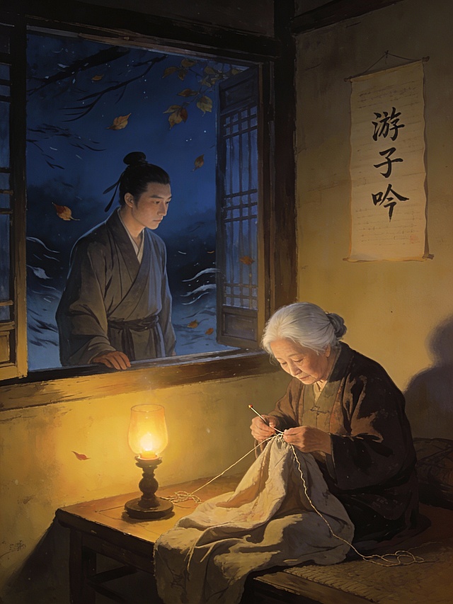 一位清瘦唐代文人（孟郊）站在窗边凝望屋内，屋内油灯微光下，白发老母亲低头专注缝补一件远行衣裳，针线在布间穿梭；窗外夜色深沉，寒风卷起落叶，室内温暖而静谧，墙上挂着未完成的诗稿《游子吟》，整体色调以暖黄与墨蓝对比，突出孤寂与温情的反差。