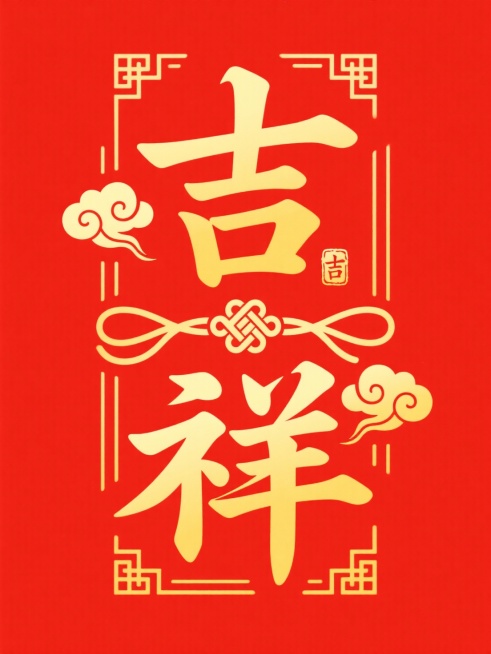 上下排列的书法风格金色 “吉祥” 二字，二字中间放置一个中国结剪影，两侧对称点缀金色祥云图案，字及元素被吉祥纹边框包裹，搭配 “吉” 字印章，红黄色调，红色背景。整体呈现典雅喜庆的中式吉祥风格。只有红预览效果