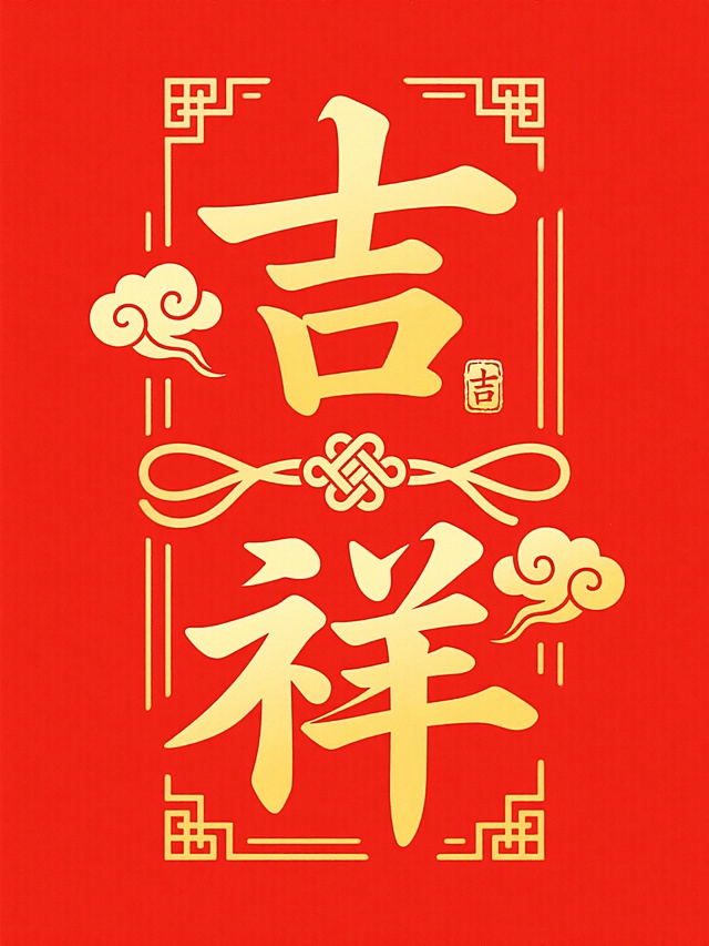 上下排列的书法风格金色 “吉祥” 二字，二字中间放置一个中国结剪影，两侧对称点缀金色祥云图案，字及元素被吉祥纹边框包裹，搭配 “吉” 字印章，红黄色调，红色背景。整体呈现典雅喜庆的中式吉祥风格。只有红黄两色