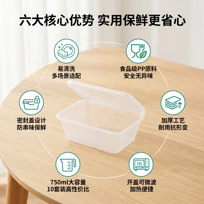 [主图 2] 科乐士保鲜盒核心卖点展示，多亮点环绕产品图
[氛围风格] 简约实用风，自然生活化场景感，风格与主图1统一
[画质] 商业摄影质感，光线柔和通透，产品清晰真实，画面干净高级
[元素] 产品预览效果